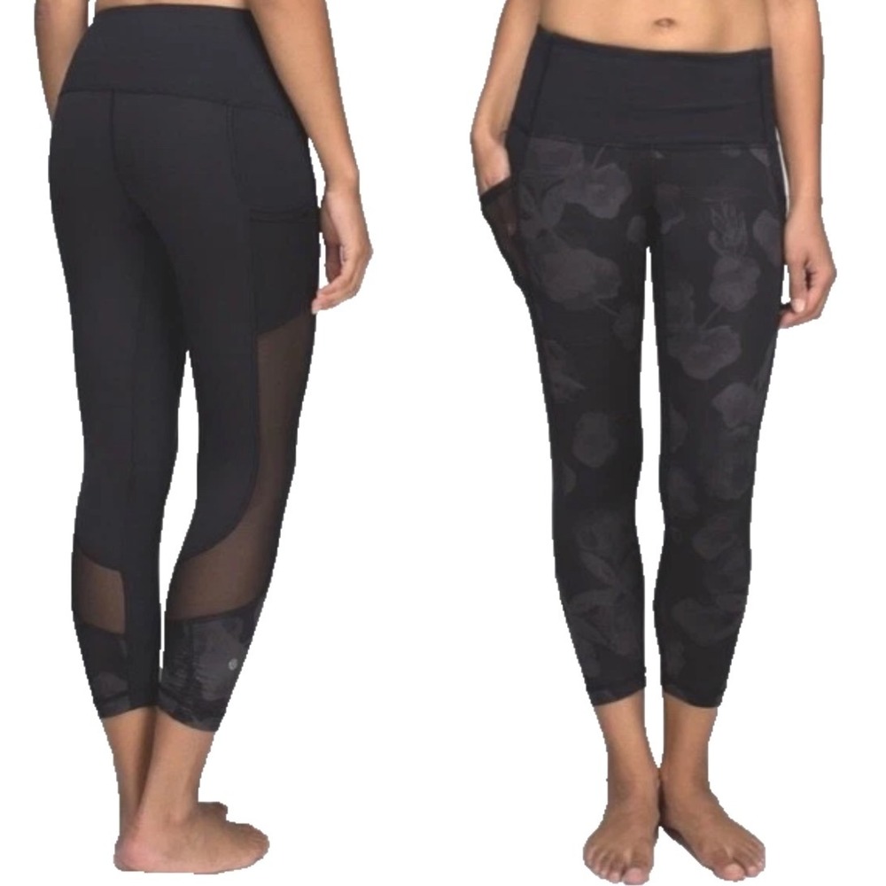 Lululemon Seek The Heat Crop Mesh Floral Leggings‎ Soot Black Yoga Gym 2